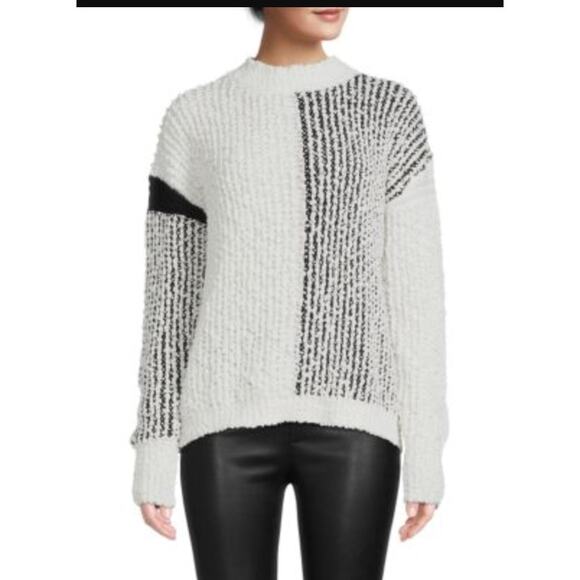 Bobeau Sweater Womens Large Black White Colorblock Boucle Crewneck Knit MW1MF3 - Picture 1 of 9